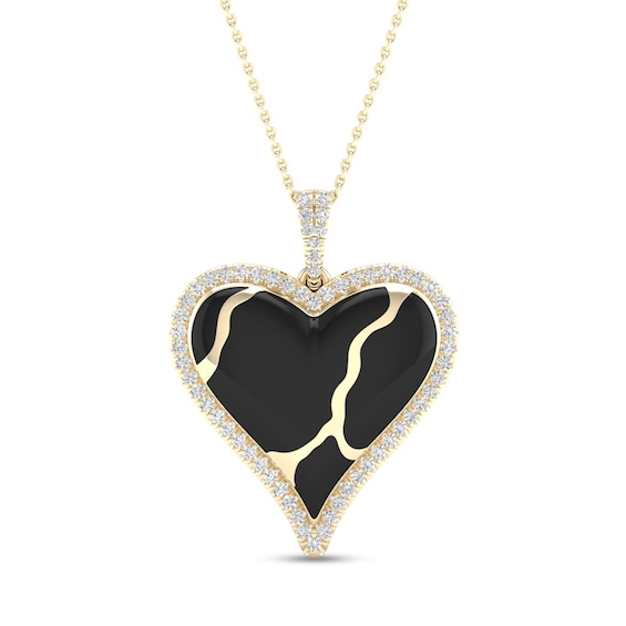 1/4 CT. T.w. Diamond Edge Heart Black Kintsugi-Style Pendant in 10K Gold with Ceramic