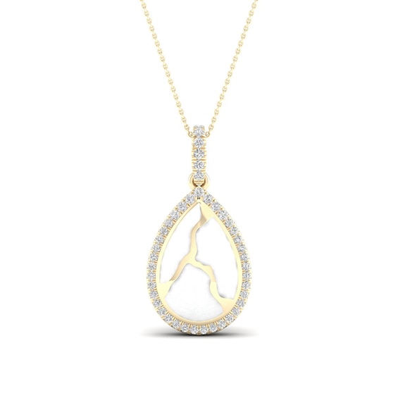1/6 CT. T.w. Diamond Edge Teardrop White Kintsugi-Style Pendant in 10K Gold with Ceramic