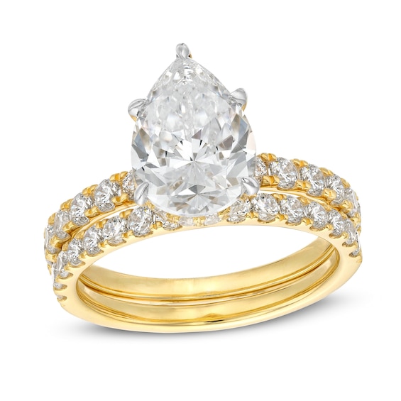 4-3/8 CT. T.w. Pear-Shaped Lab-Grown Diamond Hidden Halo Bridal Set in 14K Gold (I/Si2)