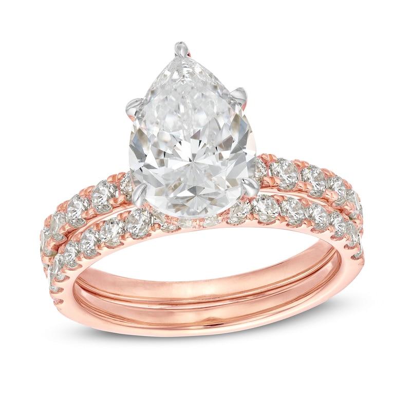 Main Image 1 of 4-3/8 CT. T.W. Pear-Shaped Lab-Grown Diamond Hidden Halo Bridal Set in 14K Rose Gold (I/SI2)