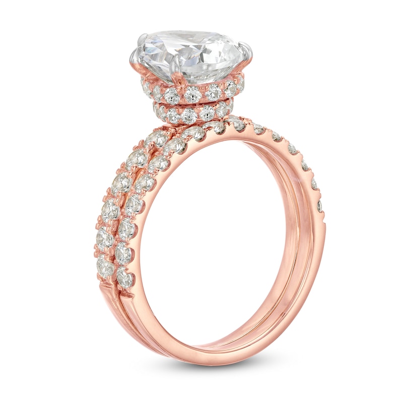 Main Image 3 of 4-3/8 CT. T.W. Pear-Shaped Lab-Grown Diamond Hidden Halo Bridal Set in 14K Rose Gold (I/SI2)