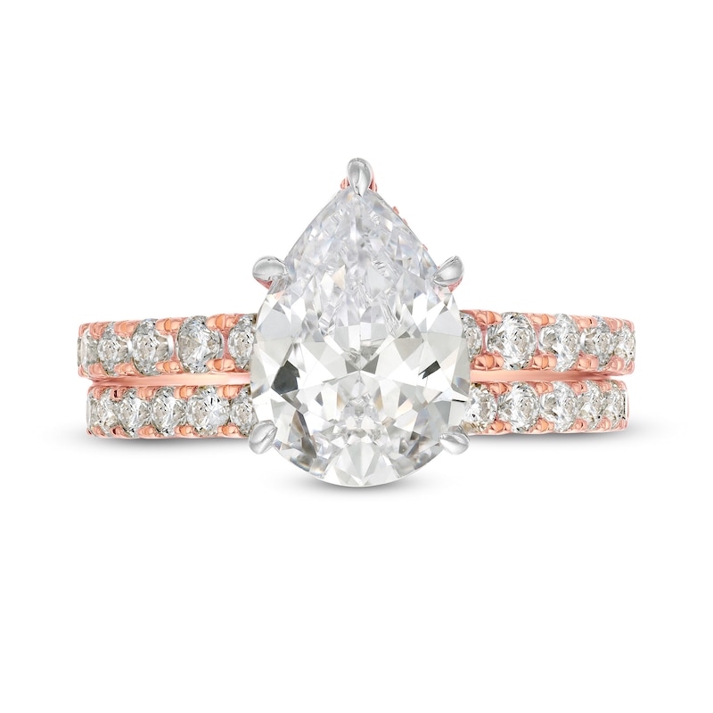 Main Image 4 of 4-3/8 CT. T.W. Pear-Shaped Lab-Grown Diamond Hidden Halo Bridal Set in 14K Rose Gold (I/SI2)