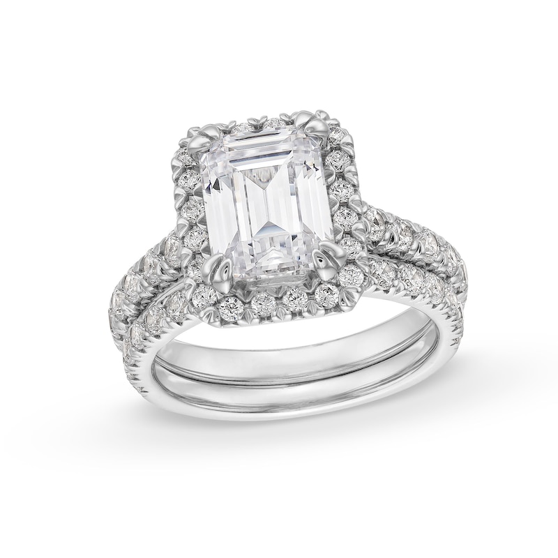 Main Image 1 of 4-1/2 CT. T.W. Emerald-Cut Certified Lab-Grown Diamond Frame Bridal Set in 14K White Gold (I/SI2)