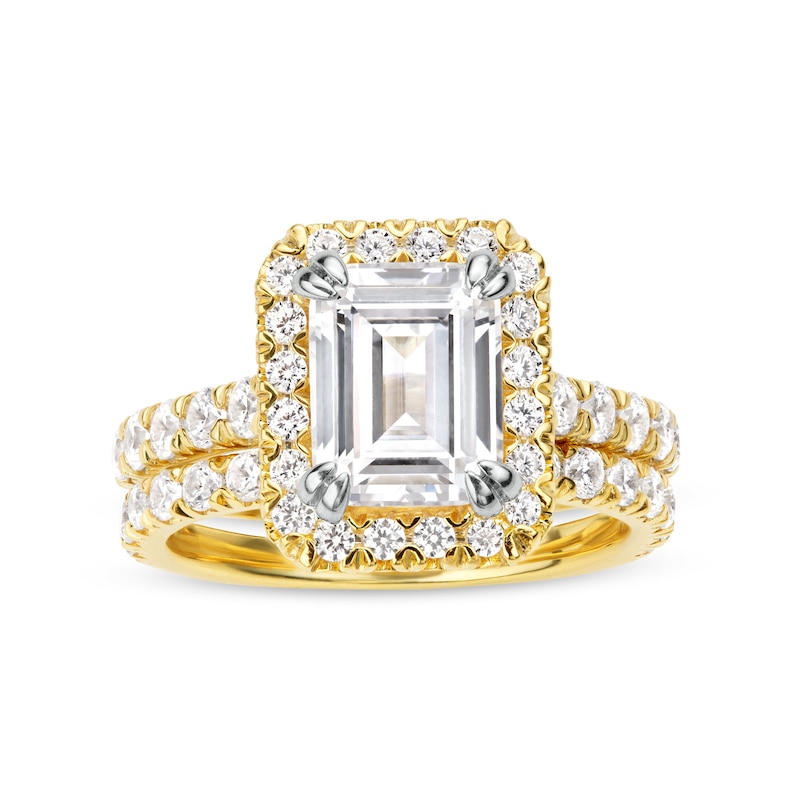 Main Image 1 of 4-1/2 CT. T.W. Emerald-Cut Certified Lab-Grown Diamond Frame Bridal Set in 14K Gold (I/SI2)