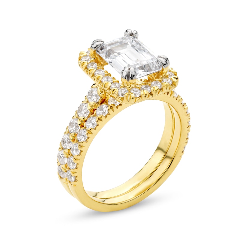 Main Image 3 of 4-1/2 CT. T.W. Emerald-Cut Certified Lab-Grown Diamond Frame Bridal Set in 14K Gold (I/SI2)