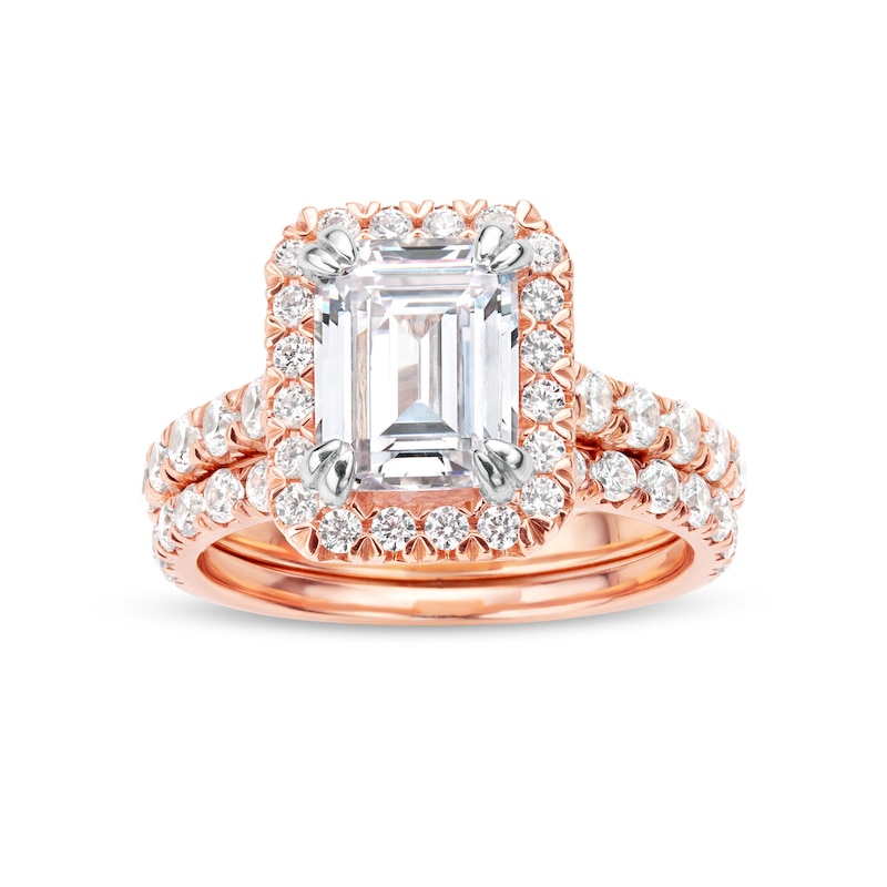 Main Image 1 of 4-1/2 CT. T.W. Emerald-Cut Certified Lab-Grown Diamond Frame Bridal Set in 14K Rose Gold (I/SI2)