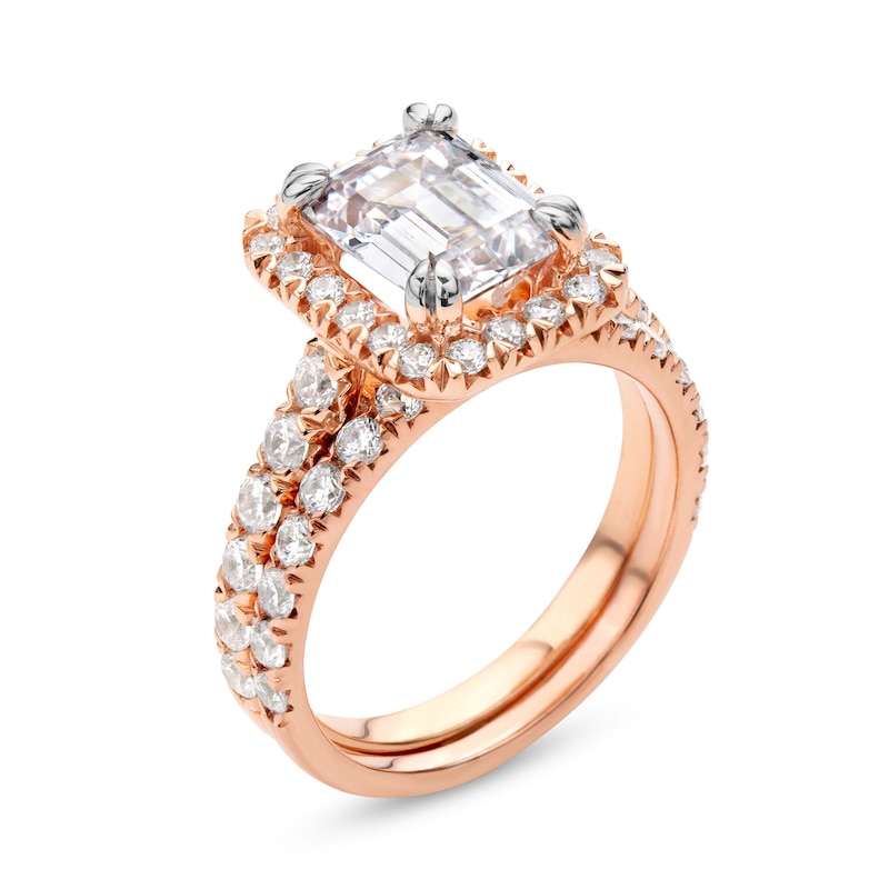 Main Image 3 of 4-1/2 CT. T.W. Emerald-Cut Certified Lab-Grown Diamond Frame Bridal Set in 14K Rose Gold (I/SI2)