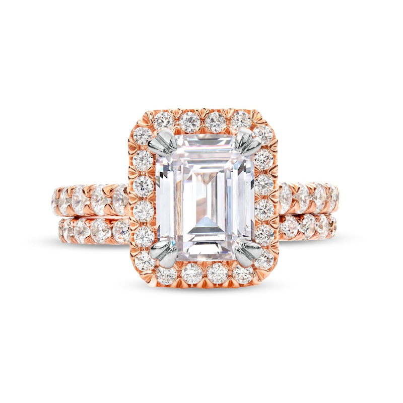 Main Image 4 of 4-1/2 CT. T.W. Emerald-Cut Certified Lab-Grown Diamond Frame Bridal Set in 14K Rose Gold (I/SI2)