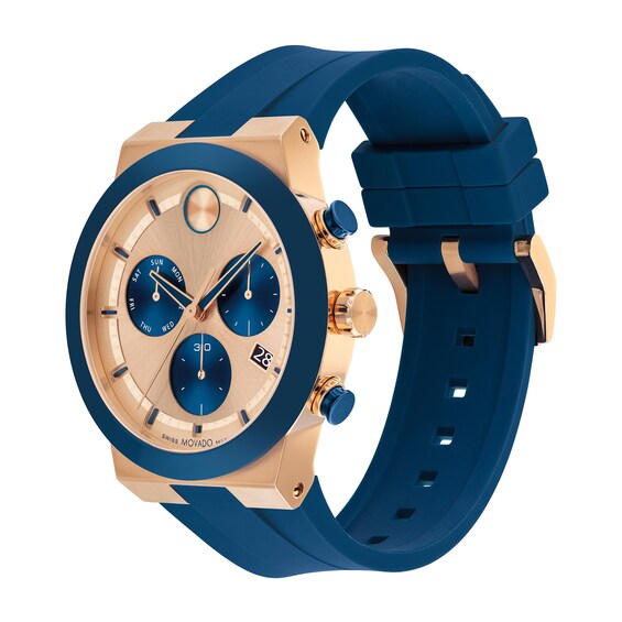 Men's Movado BoldÂ® Fusion Chronograph Blue Strap Watch with Rose-Tone IP Dial and Date Window (Model: 3601139)