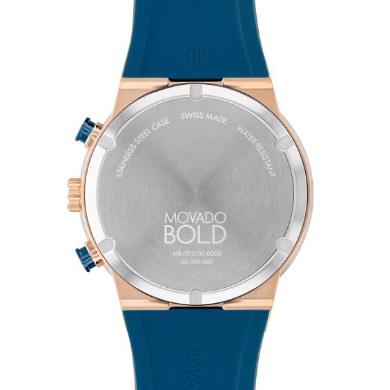Men's Movado BoldÂ® Fusion Chronograph Blue Strap Watch with Rose-Tone IP Dial and Date Window (Model: 3601139)