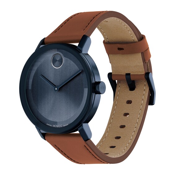 Men's Movado BoldÂ® Evolution Blue IP Brown Strap Watch with Textured Tonal Blue Dial (Model: 3601093)