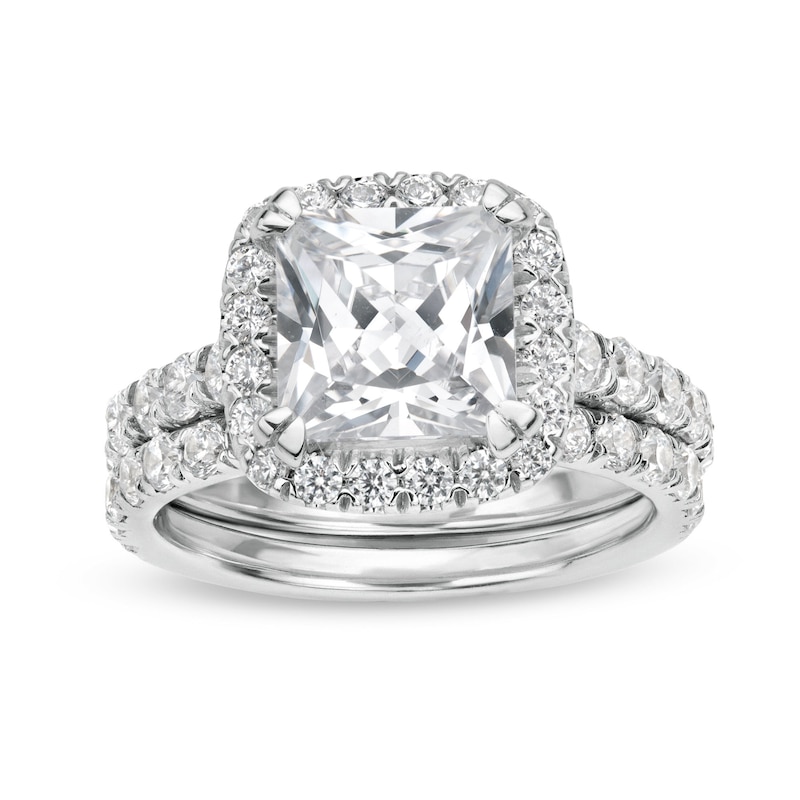 Main Image 1 of 4-1/2 CT. T.W. Princess-Cut Certified Lab-Grown Diamond Cushion Frame Bridal Set in 14K White Gold (I/SI2)