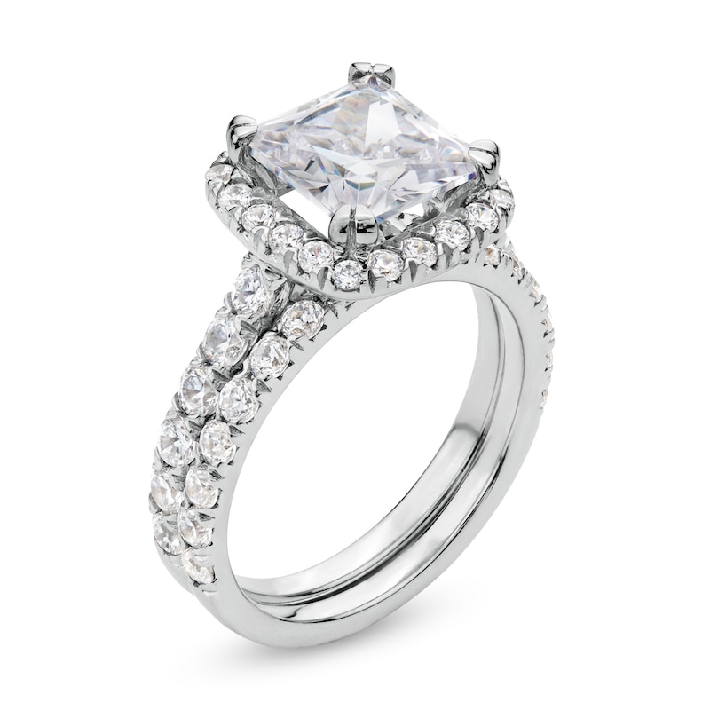 Main Image 3 of 4-1/2 CT. T.W. Princess-Cut Certified Lab-Grown Diamond Cushion Frame Bridal Set in 14K White Gold (I/SI2)