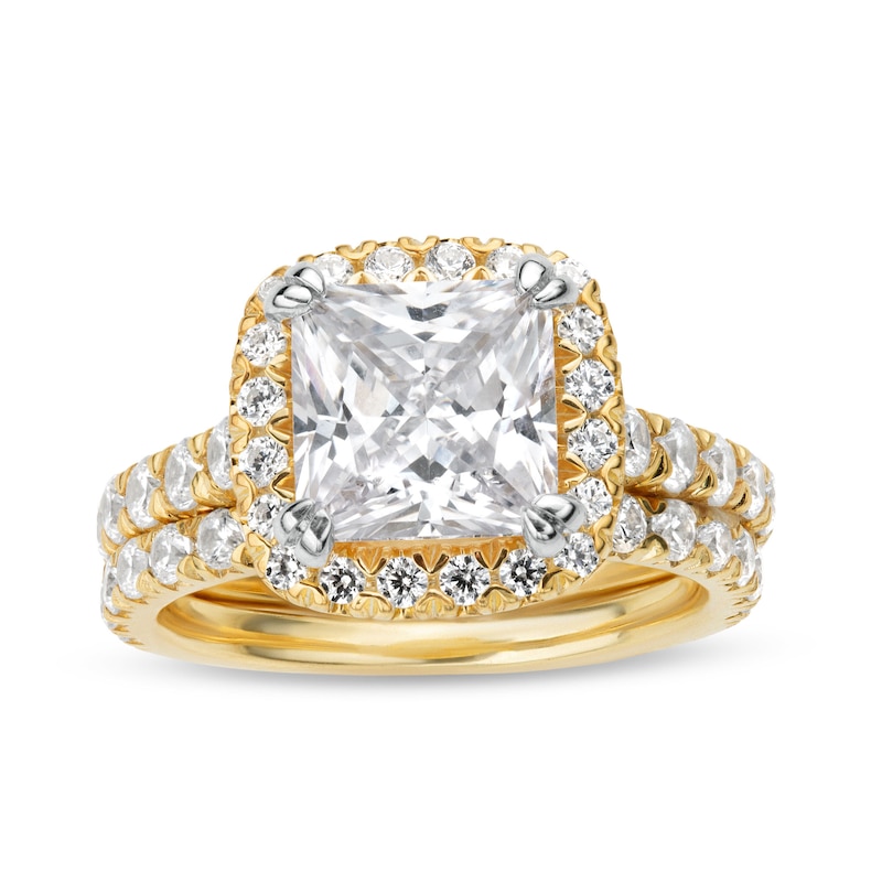 Main Image 1 of 4-1/2 CT. T.W. Princess-Cut Certified Lab-Grown Diamond Cushion Frame Bridal Set in 14K Gold (I/SI2)