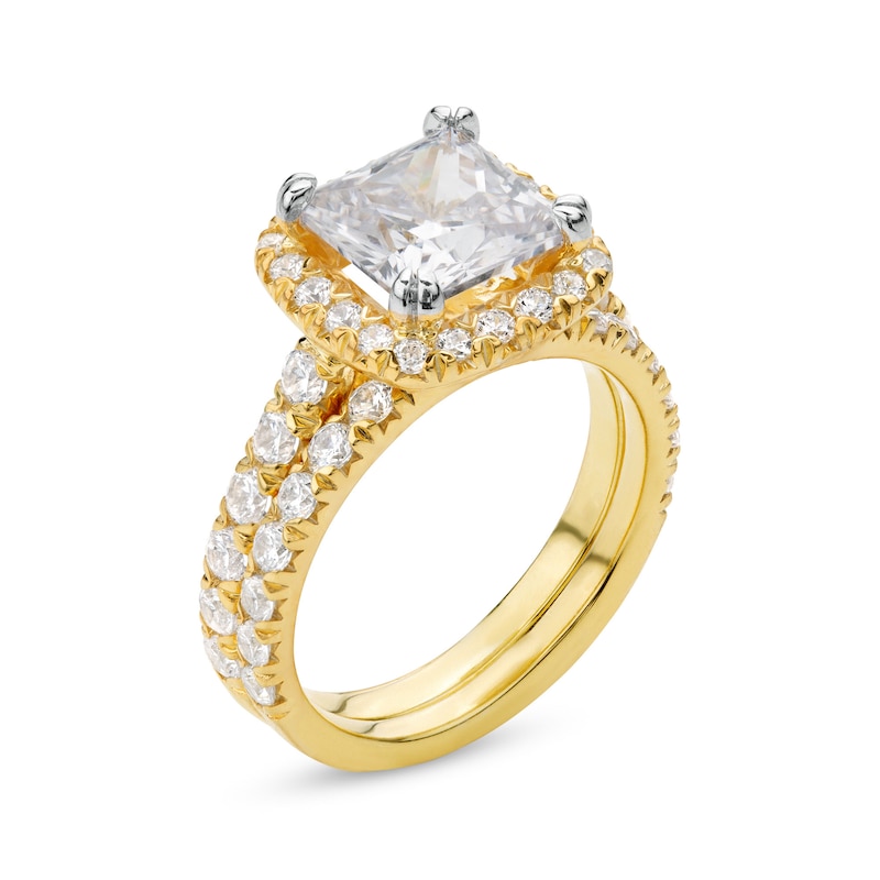 Main Image 3 of 4-1/2 CT. T.W. Princess-Cut Certified Lab-Grown Diamond Cushion Frame Bridal Set in 14K Gold (I/SI2)