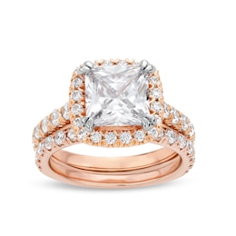 4-1/2 CT. T.W. Princess-Cut Certified Lab-Grown Diamond Cushion Frame Bridal Set in 14K Rose Gold (I/SI2)