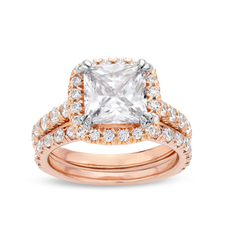 Main Image 1 of 4-1/2 CT. T.W. Princess-Cut Certified Lab-Grown Diamond Cushion Frame Bridal Set in 14K Rose Gold (I/SI2)