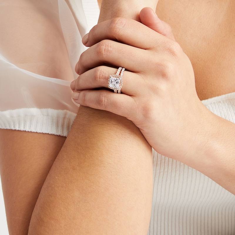 Main Image 2 of 4-1/2 CT. T.W. Princess-Cut Certified Lab-Grown Diamond Cushion Frame Bridal Set in 14K Rose Gold (I/SI2)