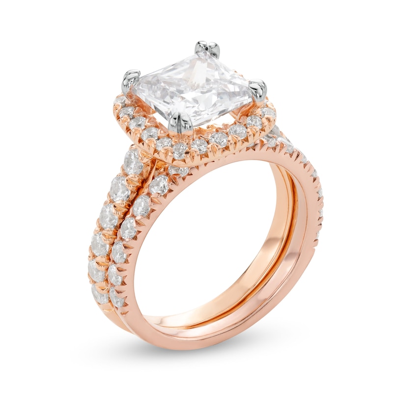Main Image 3 of 4-1/2 CT. T.W. Princess-Cut Certified Lab-Grown Diamond Cushion Frame Bridal Set in 14K Rose Gold (I/SI2)