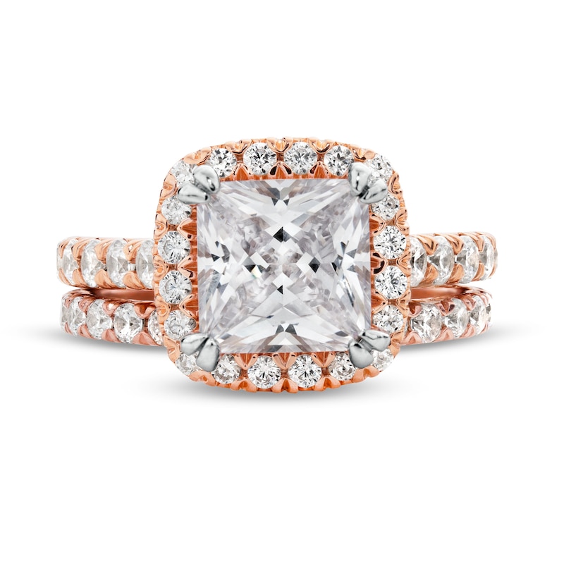 Main Image 4 of 4-1/2 CT. T.W. Princess-Cut Certified Lab-Grown Diamond Cushion Frame Bridal Set in 14K Rose Gold (I/SI2)