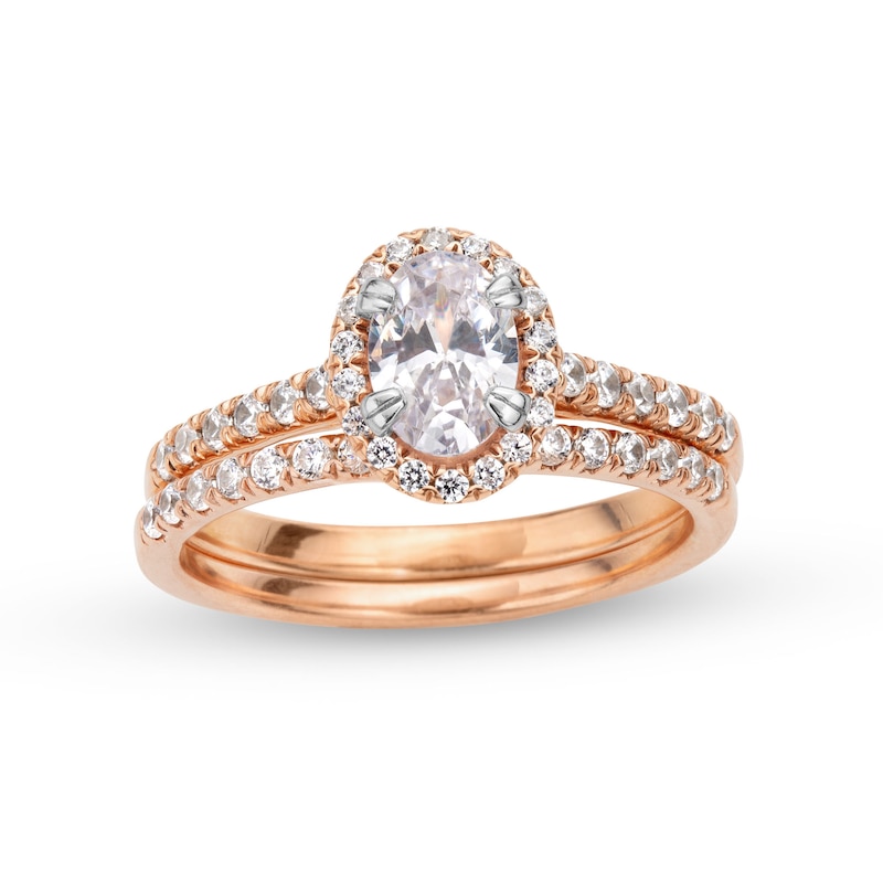Main Image 1 of 1-1/3 CT. T.W. Oval Lab-Grown Diamond Frame Bridal Set in 14K Rose Gold (F/SI2)