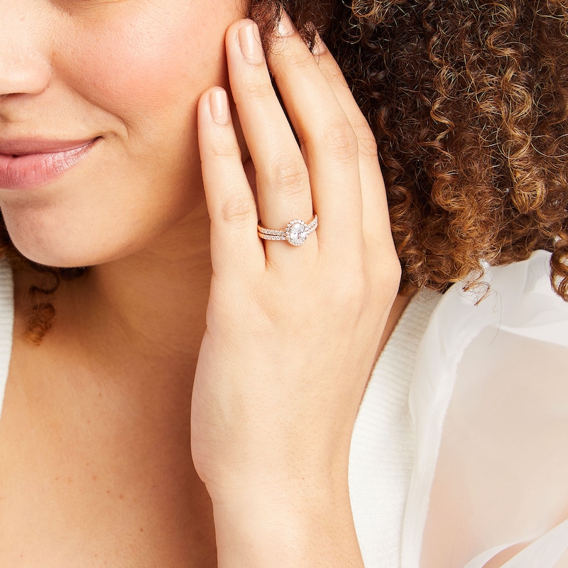 Main Image 2 of 1-1/3 CT. T.W. Oval Lab-Grown Diamond Frame Bridal Set in 14K Rose Gold (F/SI2)