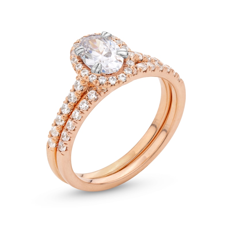 Main Image 3 of 1-1/3 CT. T.W. Oval Lab-Grown Diamond Frame Bridal Set in 14K Rose Gold (F/SI2)