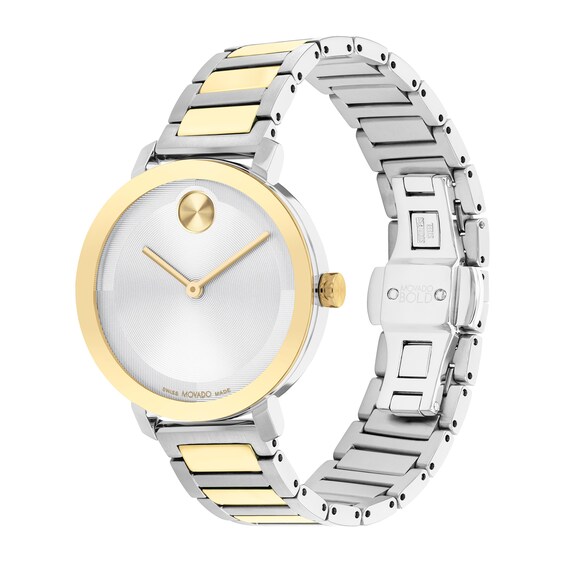 Ladies' Movado BoldÂ® Evolution Two-Tone IP Watch with Textured Tonal Silver-Tone Dial (Model: 3601105)