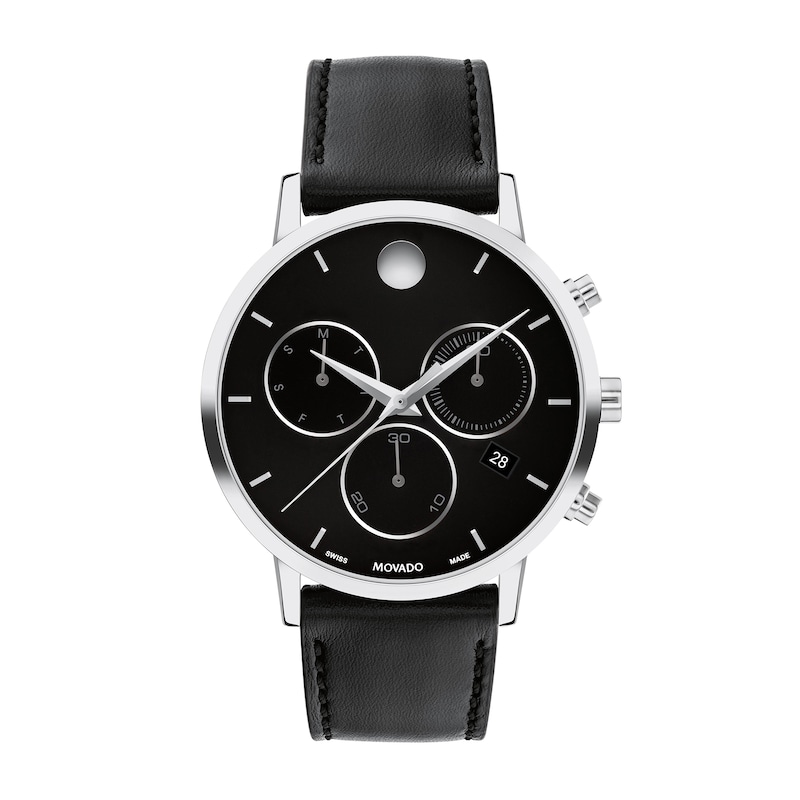Main Image 1 of Men's Movado Museum® Classic Black Strap Chronograph Watch with Black Dial and Date Window (Model: 0607778)