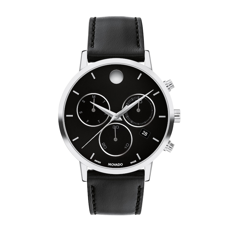 Men's Movado Museum® Classic Black Strap Chronograph Watch with Black Dial and Date Window (Model: 0607778)