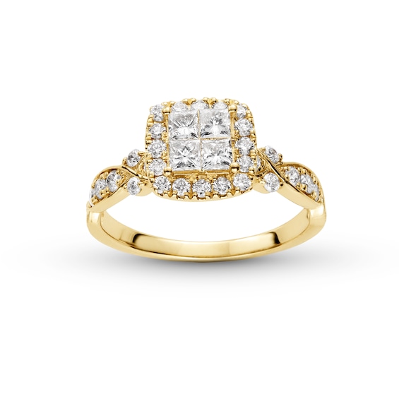 1 CT. T.w. Quad Princess-Cut Diamond Cushion-Shaped Frame Twist Shank Engagement Ring in 14K Gold