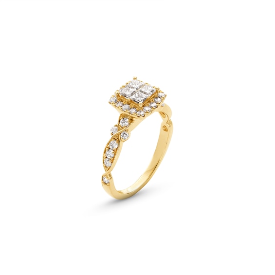 1 CT. T.w. Quad Princess-Cut Diamond Cushion-Shaped Frame Twist Shank Engagement Ring in 14K Gold