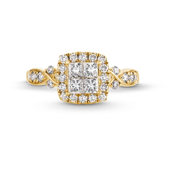 1 CT. T.w. Quad Princess-Cut Diamond Cushion-Shaped Frame Twist Shank Engagement Ring in 14K Gold