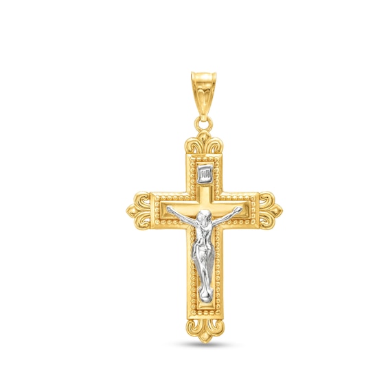 Fleur-de-Lis Beaded Crucifix Cross Charm in 14K Two-Tone Gold