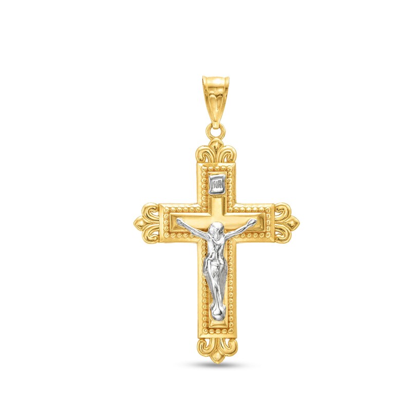 Main Image 1 of Fleur-de-Lis Beaded Crucifix Cross Charm in 14K Two-Tone Gold