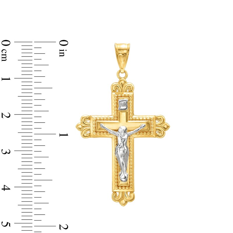 Main Image 2 of Fleur-de-Lis Beaded Crucifix Cross Charm in 14K Two-Tone Gold