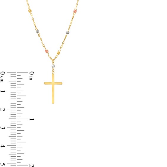 Brilliance-Bead Rosary-Style Cross Necklace in 14K Tri-Tone Gold