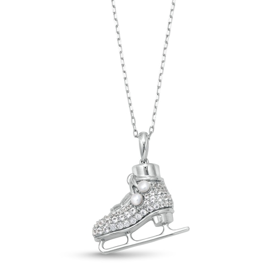 Freshwater Cultured Pearl and White Lab-Created Sapphire Ice Skate Pendant in Sterling Silver