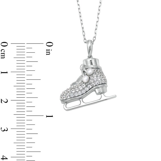Freshwater Cultured Pearl and White Lab-Created Sapphire Ice Skate Pendant in Sterling Silver
