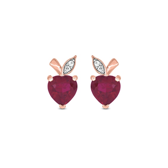 Heart-Shaped Lab-Created Ruby and Diamond Accent Apple Stud Earrings in Sterling Silver with 14K Rose Gold Plate
