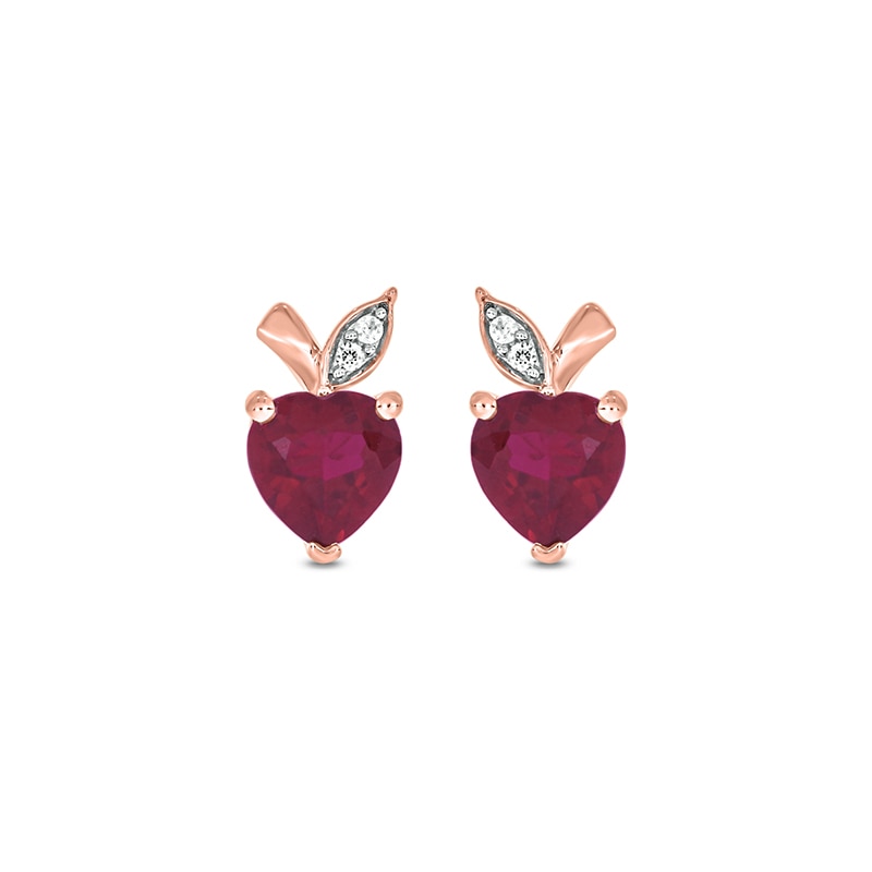 Main Image 2 of Heart-Shaped Lab-Created Ruby and Diamond Accent Apple Stud Earrings in Sterling Silver with 14K Rose Gold Plate