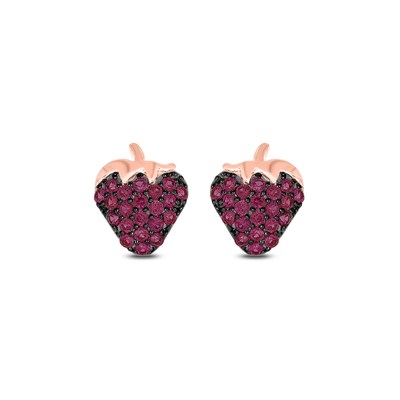 Main Image 2 of Lab-Created Ruby Strawberry Stud Earrings in Sterling Silver with 14K Rose Gold Plate