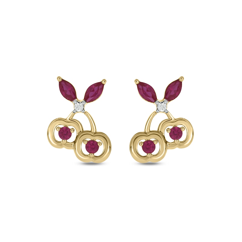 Main Image 2 of Lab-Created Ruby and Diamond Accent Cherries Stud Earrings in Sterling Silver with 14K Gold Plate