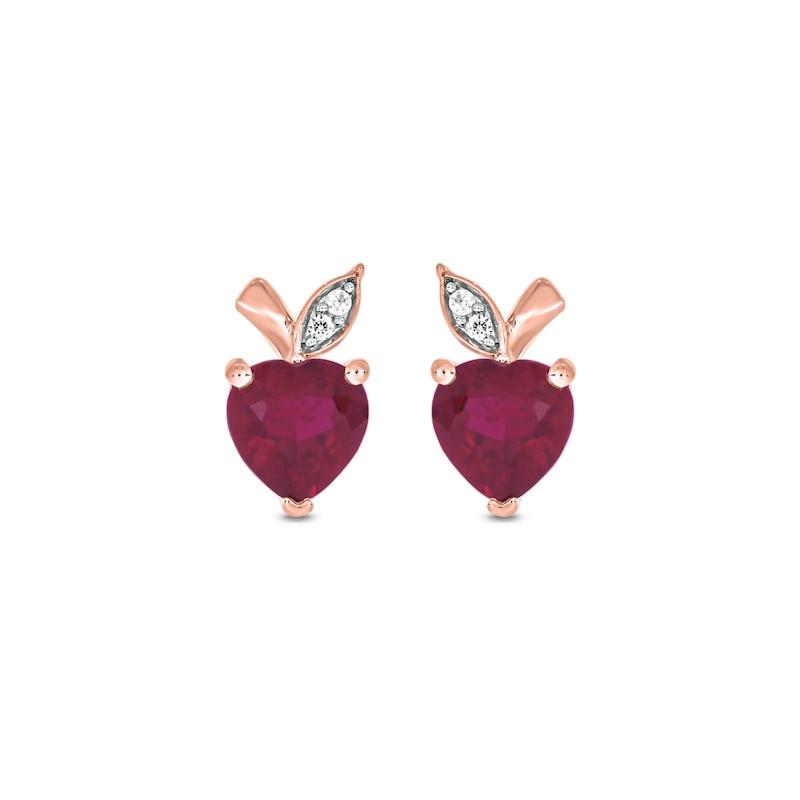 Main Image 2 of Heart-Shaped Lab-Created Ruby and Diamond Accent Apple Stud Earrings in Sterling Silver with 14K Rose Gold Plate