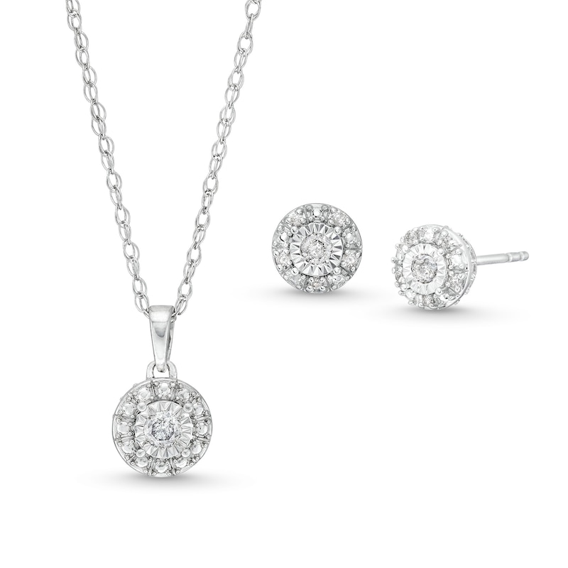 Main Image 1 of 1/5 CT. T.W. Diamond Miracle Frame Pendant and Stud Earrings Set in Sterling Silver