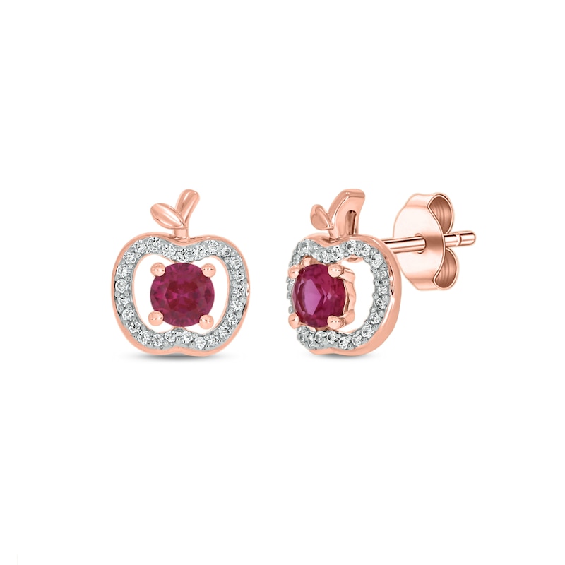 Main Image 1 of Lab-Created Ruby and 1/6 CT. T.W. Diamond Apple Stud Earrings in Sterling Silver with 14K Rose Gold Plate
