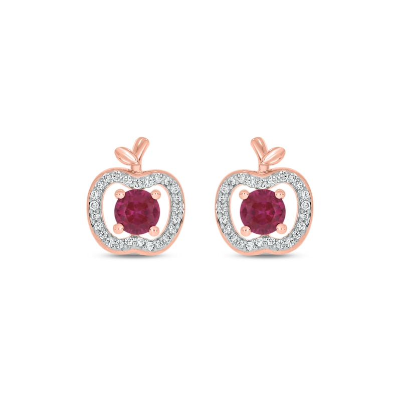 Main Image 2 of Lab-Created Ruby and 1/6 CT. T.W. Diamond Apple Stud Earrings in Sterling Silver with 14K Rose Gold Plate
