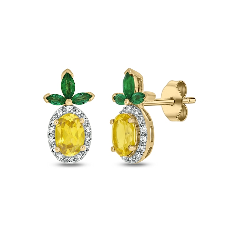 Main Image 1 of Lab-Created Sapphire, Lab-Created Emerald and Diamond Accent Pineapple Studs in Sterling Silver with 14K Gold Plate