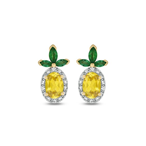Lab-Created Sapphire, Lab-Created Emerald and Diamond Accent Pineapple Studs in Sterling Silver with 14K Gold Plate
