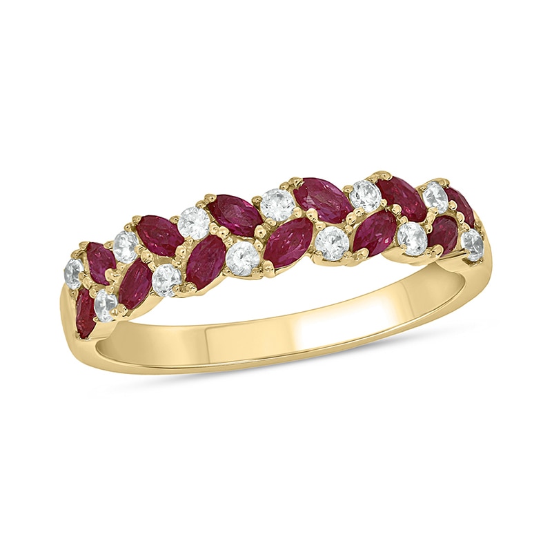 Main Image 1 of Marquise-Cut Lab-Created Ruby and 1/5 CT. T.W. Diamond Flower Petal Band in Sterling Silver with 14K Gold Plate